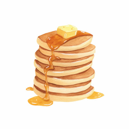This watercolor illustration features a delightful stack of pancakes drizzled with syrup and topped with a pat of butter, perfect for food art.の写真素材