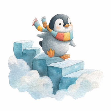 This adorable watercolor illustration features a cute chubby penguin walking on icy steps, wearing a vibrant striped scarf, perfect for winter themes.の写真素材