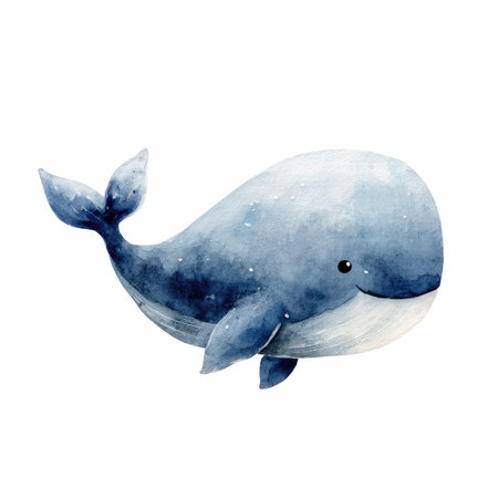 A charming watercolor illustration of a cute smiling whale, ideal for childrenâs decor and sea-themed art. This friendly marine animal embodies joy and playfulness, making it a delightful addition to any space.の写真素材