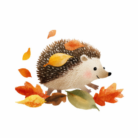 This charming watercolor illustration depicts a cute little hedgehog joyfully surrounded by vibrant autumn leaves, perfect for nature-themed projects.の写真素材