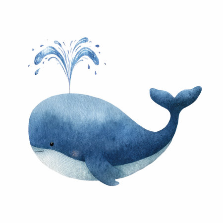 Charming watercolor illustration of a cute whale spouting water playfully. Ideal for children's decor, coastal themes, or ocean lovers.の写真素材