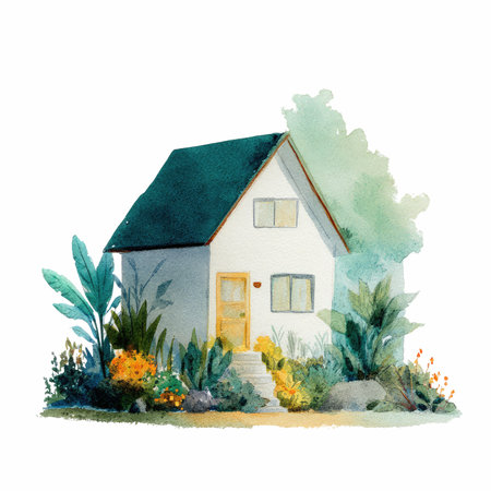 This delightful watercolor illustration showcases a cozy little house, surrounded by lush greenery and vibrant flowers, creating a serene outdoor scene.の写真素材