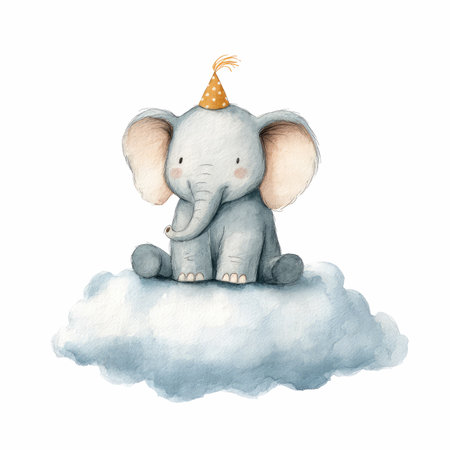 This charming watercolor illustration features a cute elephant wearing a party hat, sitting playfully on a fluffy cloud, perfect for children&#39;s decor.の写真素材