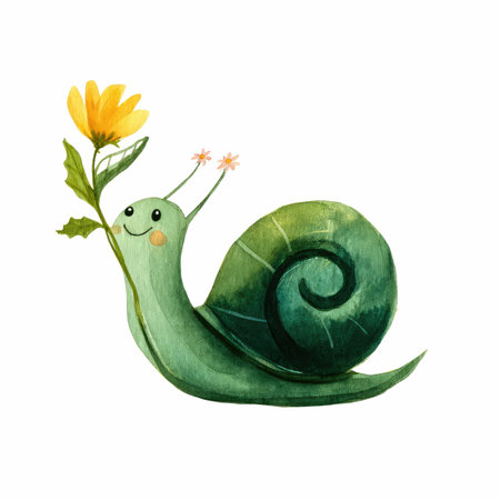 This delightful watercolor illustration features a happy snail carrying a vibrant flower, showcasing a whimsical charm perfect for nature lovers.の写真素材
