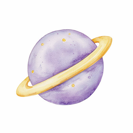 Adorable watercolor illustration of a little purple planet with rings, perfect for children&#39;s decor or whimsical themed designs.の写真素材