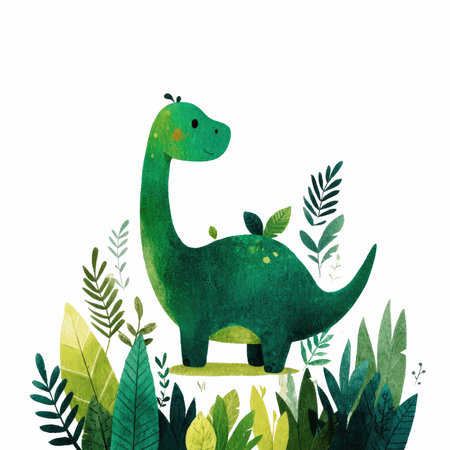 This charming watercolor illustration captures a cute dinosaur amidst lush greenery, perfect for children&#39;s art, decor, or playful themes.の写真素材