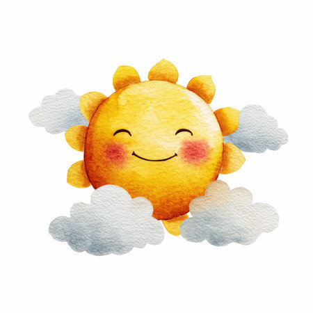 This adorable watercolor illustration features a cute smiling sun nestled among soft fluffy clouds, radiating warmth and joy. Perfect for children&#39;s materials.の写真素材