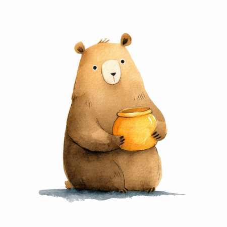 This delightful watercolor illustration features a cute bear joyfully holding a pot of honey, perfect for children's themes and nature art.の写真素材