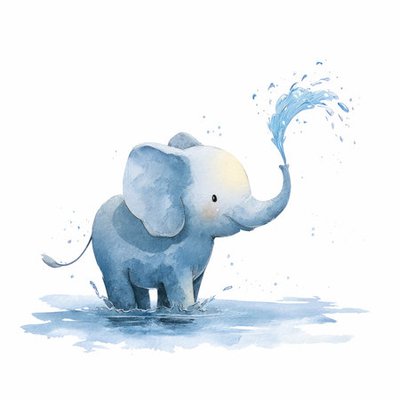 This charming watercolor illustration captures a gentle elephant playfully splashing water with its trunk, radiating joy and tranquility. Perfect for whimsical decor.の写真素材
