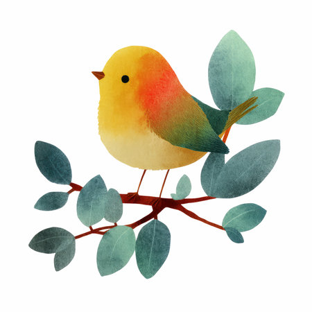 Adorable watercolor illustration of a cute little bird perched on a branch with green leaves, perfect for creative projects and nature themes.の写真素材