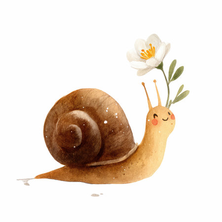 This charming watercolor illustration features a happy snail with a flower, perfect for children&#39;s designs and nature-themed art.の写真素材