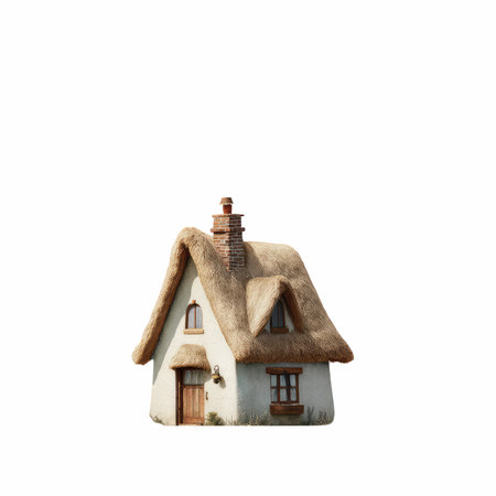 Delight in this enchanting watercolor illustration of a charming little house with a thatched roof, perfect for whimsical artwork and designs.の写真素材