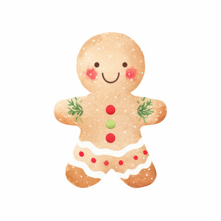 Delight in this charming watercolor illustration of a gingerbread girl, complete with festive decorations and a joyful expression, perfect for holiday themes.の写真素材