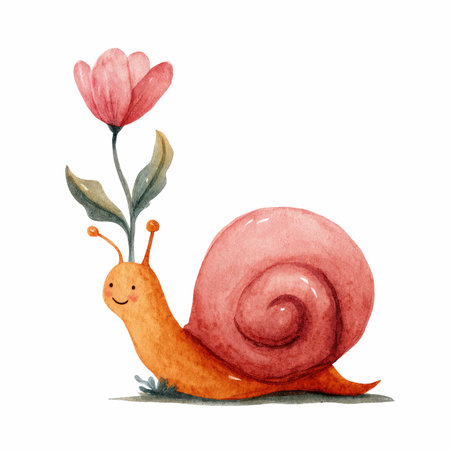 This charming watercolor illustration features a happy snail with a flower on its shell, radiating joy and whimsy, ideal for children&#39;s art.の写真素材
