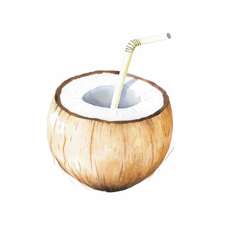 This charming watercolor illustration features a cute coconut with a straw, perfect for summer vibes, tropical drinks, and outdoor fun.の写真素材