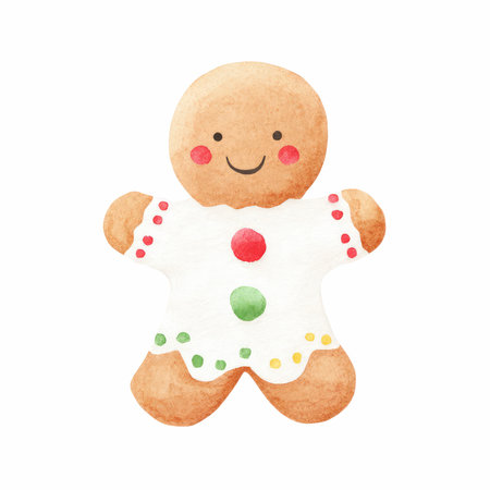 Bright and cheerful watercolor illustration of a gingerbread girl, perfect for holiday celebrations,...