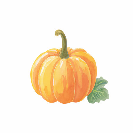 This vibrant watercolor illustration features a beautiful orange pumpkin with a green leaf, perfect for autumn-themed projects and decor.の写真素材