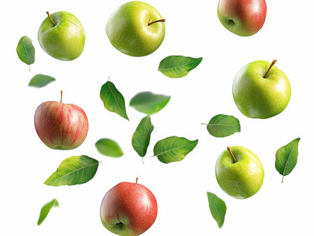 Flying apples with leaves isolated on white background. 3D illustration.の写真素材