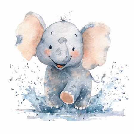 This delightful watercolor illustration features a happy little elephant joyfully splashing in water, embodying playfulness and joy.の写真素材