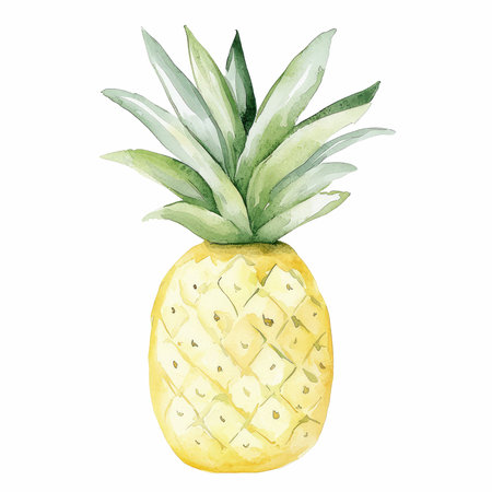 This charming watercolor illustration features a cute little pineapple with lush green leaves, perfect for summer-themed decor or foodie designs.の写真素材