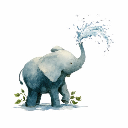 This gentle watercolor illustration of an elephant joyfully spraying water captures a playful spirit. Perfect for nursery decor or animal art lovers.の写真素材