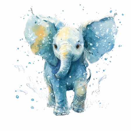 This charming watercolor illustration depicts a whimsical blue elephant playfully splashing through colorful dots, perfect for nursery decor.の写真素材