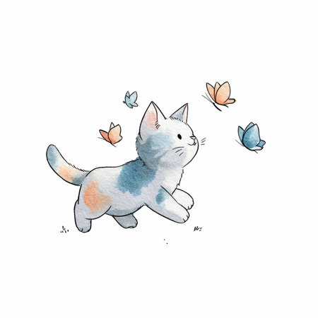 This delightful watercolor illustration depicts a playful kitten engaging with colorful butterflies in a whimsical setting. Perfect for art lovers!の写真素材