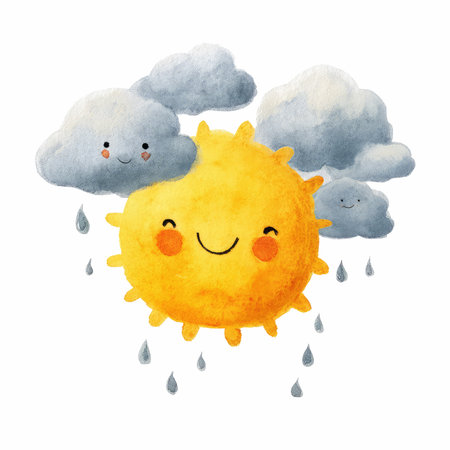 This charming watercolor illustration features a smiling sun accompanied by playful clouds, capturing a joyful weather scene perfect for children's art.の写真素材