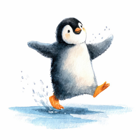 A cheerful, joyful penguin dances on ice in this charming watercolor illustration, evoking happiness and playful winter moments. Perfect for festive themes!の写真素材