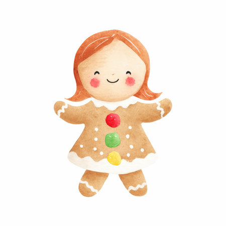 Delight in this charming watercolor illustration of a gingerbread girl adorned with colorful buttons, ideal for holiday designs and festive projects.の写真素材