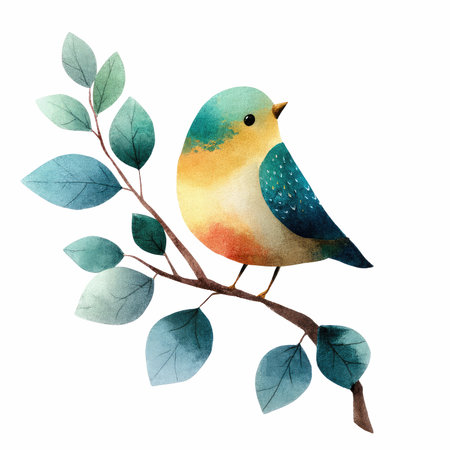 This delightful watercolor illustration captures a cute little bird perched on a branch surrounded by soft green leaves, perfect for nature lovers.の写真素材