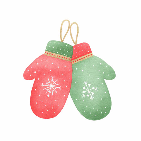 Delight in this charming watercolor illustration of a pair of Christmas mittens in red and green, perfect for holiday decorations and cards.の写真素材