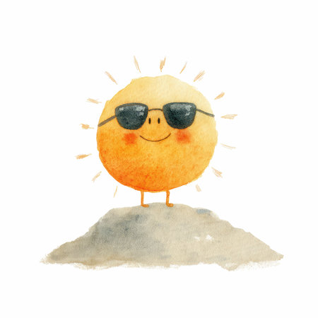 This charming watercolor illustration features a smiling cartoon sun wearing sunglasses, perfect for adding joy and warmth to various designs and projects.の写真素材