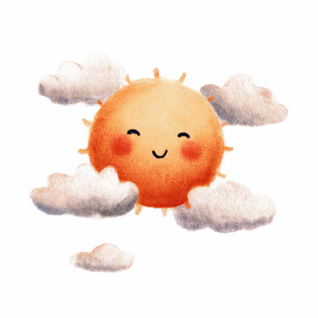 This adorable watercolor illustration features a cute smiling sun surrounded by fluffy clouds, perfect for adding a cheerful touch to your art projects.の写真素材