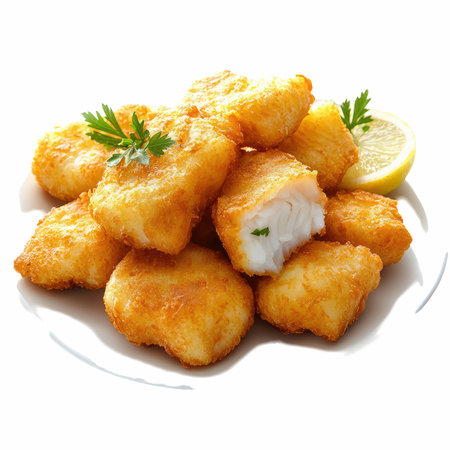 Fried fish fingers with parsley and lemon isolated on white background