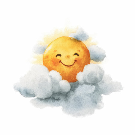 A delightful watercolor illustration featuring a smiling sun nestled among fluffy clouds, perfect for cheerful themes and vibrant designs.の写真素材