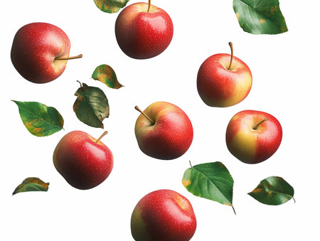 Red apples with green leaves isolated on white background. 3d illustrationの写真素材