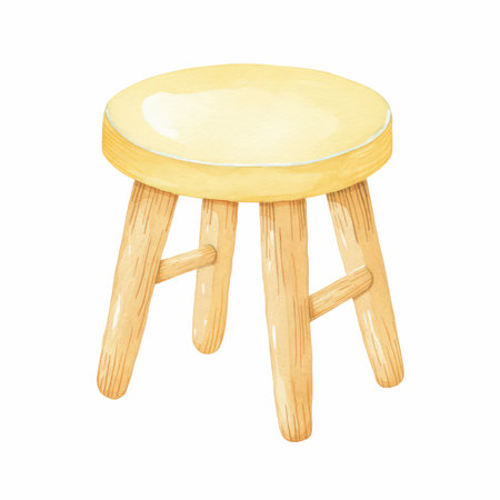 This delightful hand-painted illustration features a small yellow stool with wooden legs, ideal for adding a touch of charm to any design project or decor.の写真素材
