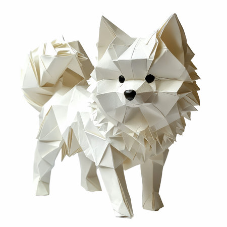 Paper origami dog isolated on white background. 3d rendering.の写真素材