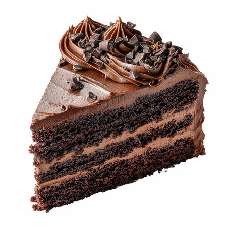A mouthwatering slice of chocolate layered cake featuring rich frosting and sprinkled chocolate...