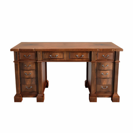 Wooden desk isolated on white background. 3d rendering, clipping pathの写真素材
