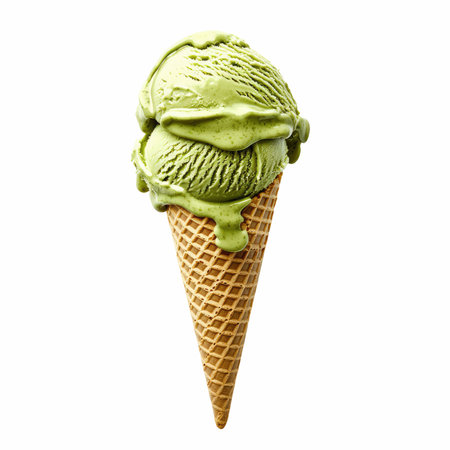Green ice cream in waffle cone isolated on white background with clipping pathの写真素材