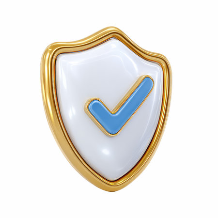 A visually appealing shield design featuring a blue checkmark on a glossy gold and white background, symbolizing trust, security, and approval in various contexts.の写真素材