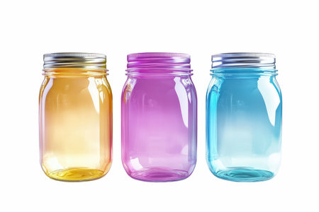 Colorful glass jars isolated on white background. 3D rendering.の写真素材