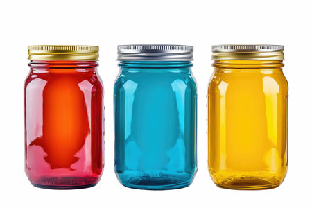Colorful glass jars isolated on white background. Clipping path included.の写真素材