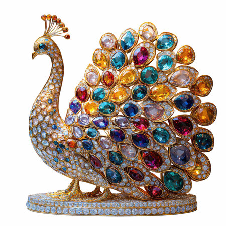 peacock made of precious stones isolated on white background with clipping pathの写真素材