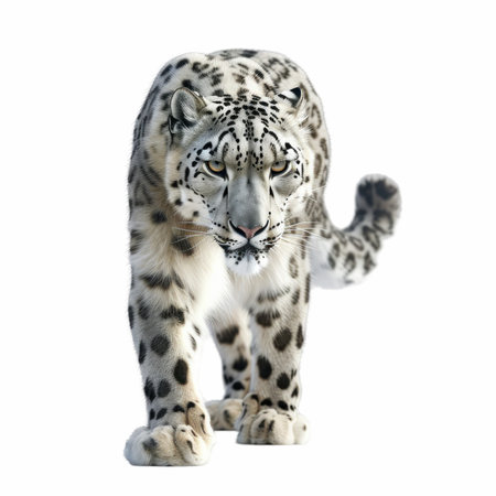 This stunning image features a majestic big cat walking gracefully against a clean white background, showcasing its unique coat and fierce gaze, perfect for various themes.の写真素材