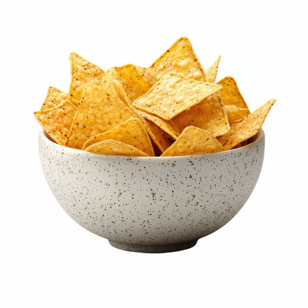 Nachos chips in bowl isolated on white background with clipping pathの写真素材