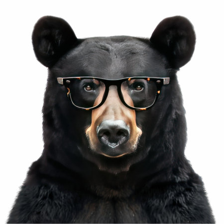 Close-up of a black bear wearing glasses, isolated on whiteの写真素材