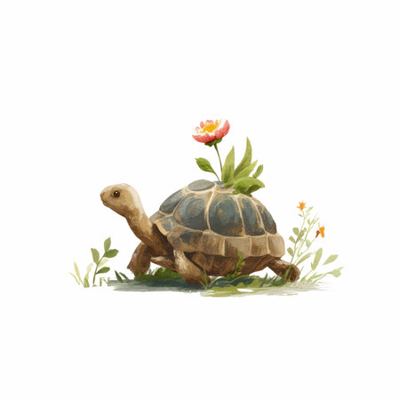 This delightful watercolor illustration features a cute turtle with vibrant colors, accompanied by a charming flower. Perfect for children&#39;s decor or nature-themed projects, it captures the playful spirit of wildlife.の写真素材